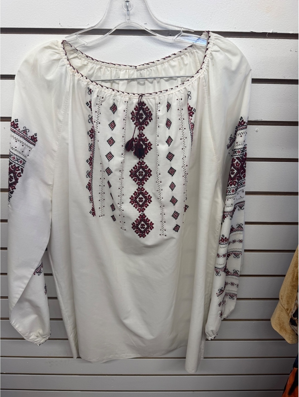 Boho Embroidered Peasant Blouse Ivory Burgundy Long Sleeve Size L Estimated
